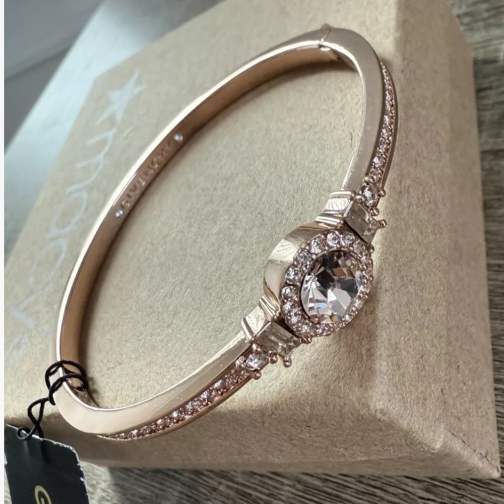 NWT GIVENCHY Round Crystal and Pave Hinged Bangle Bracelet in Rose Gold